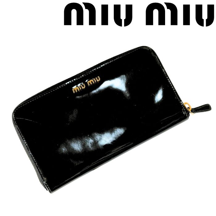 【中古】miu miu ミウミウ ミュウミュウ 長財布【やや傷や使用感あり】パテントレザー リボン ラウンドファスナー メンズ レディース ブランド r-miu-w-p241204-15|WOODNET 店