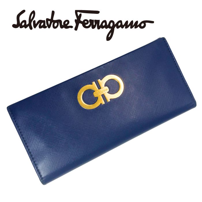 【中古】Salvatore Ferragamo サルバトーレフェラガモ 長紙入れ【人並み外れたに似つかわしい】レディース 御釣り入れ ダブルガンチーニ なめし革 青み ブランド名 r-sf-w-p250119-10