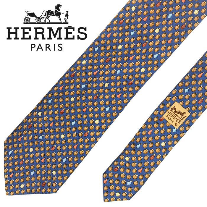 【中古】HERMES エルメス タイ【ほぼ新品】9糎 天の原青色 フルーツ柄 地絹 ブランド名 r-he-t-e10362960 バッグ・小物・ブランド雑貨-スーツ用ファッション小物-ネクタイ