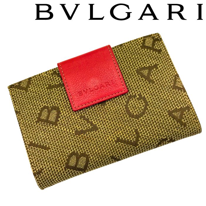 【中古】BVLGARI ブルガリ 二つ折り がま口財布【ほぼ新品】ロゴマニア レッド×ベージュ 長財布 レディース ブランド r-bv-w-0060-10