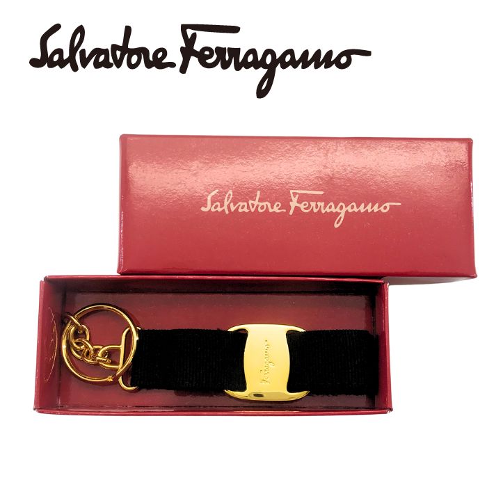 【中古】Salvatore Ferragamo サルバトーレフェラガモ キーホルダー【ほぼ新品】ヴァラリボン キーリング チャーム ブラック レディース ブランド r-sf-k-p250611-09