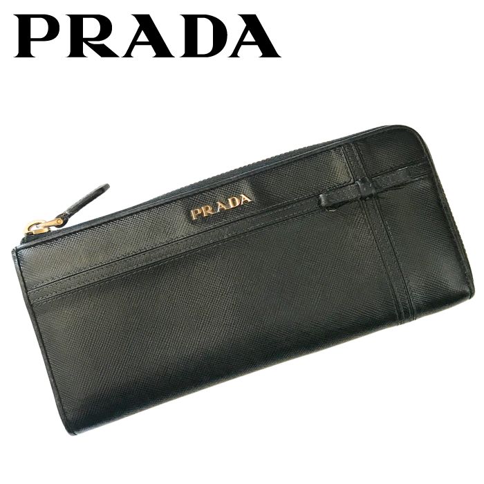 【中古】PRADA プラダ ジップ長財布【非常に良い】ブラック サフィアーノレザー リボン L字ファスナーメンズ レディース ブランド r-pr-w-p241203-04
