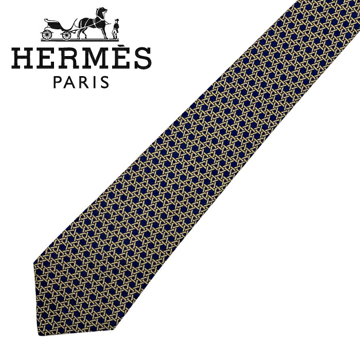 【中古】HERMES ネクタイ エルメス【非常に良い】メンズ ネイビー×ゴールド 【剣先幅：9cm】 r-hermes-t-0091-01 ブランド【ネクタイまとめ買い割引実施中】2点→1,000円off／3点→2,000円off