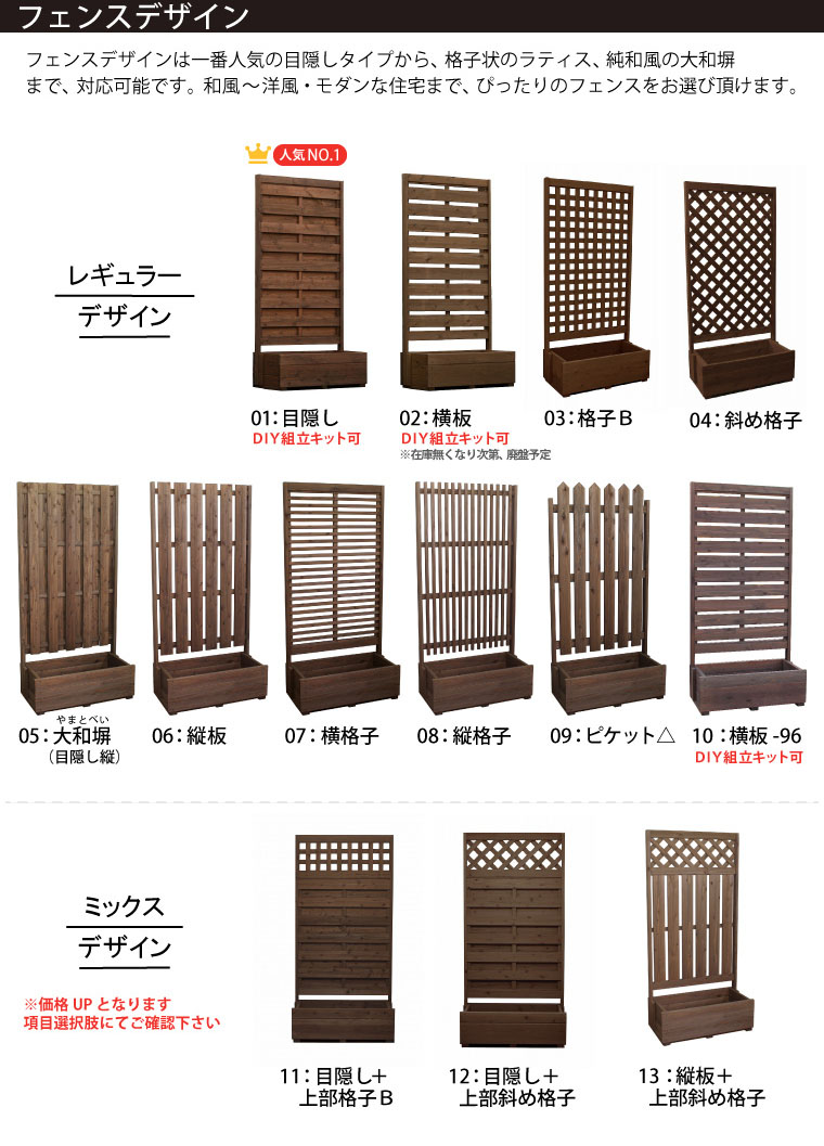 規格型プランター付きフェンス(目隠し/横板/斜め格子ラティスなど計6種から)【フェンス+プランター】高さ1500mm×幅739mm×奥行336mm