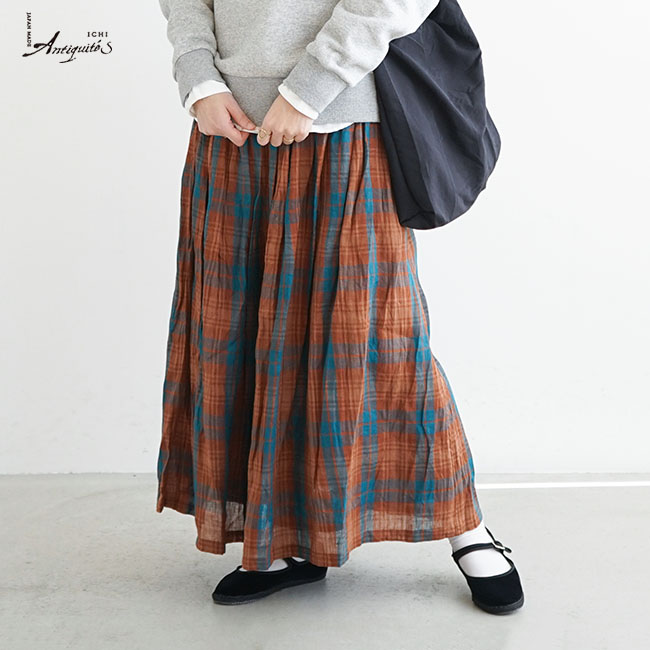 【超新作】  イエローチェックがかわいいリネンスカート Antiquites ICHI ロングスカート