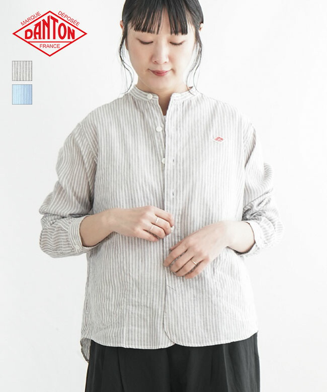 『DANTON』 バンドカラーシャツ　刺繍ロゴ　上品　リネン混合　ブラウン　L DANTON』 バンドカラーシャツ 刺繍ロゴ 上品 リネン混合