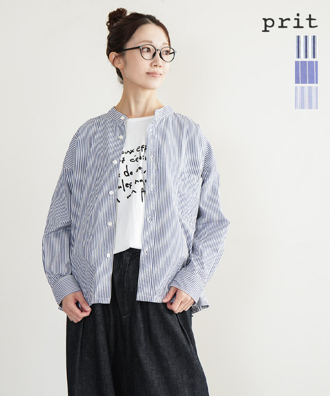 【SALE 20%OFF】prit(プリット) 高密度ポプリンストライプスタンドカラービッグシャツ レディース トップス 長袖【メール便対応可】 [P81641] セール｜WOODY HOUSE／ウッディーハウス