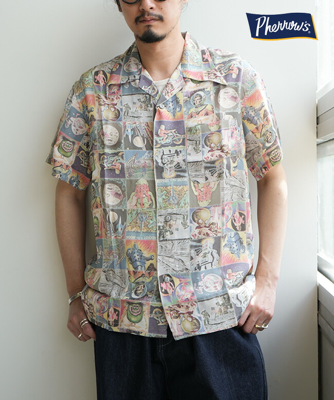 【SALE 10%OFF】Pherrow's(フェローズ)スペース柄ハワイアンシャツ 総柄半袖シャツ トップス [26S-SPACE35TH] セール｜WOODY HOUSE／ウッディーハウス