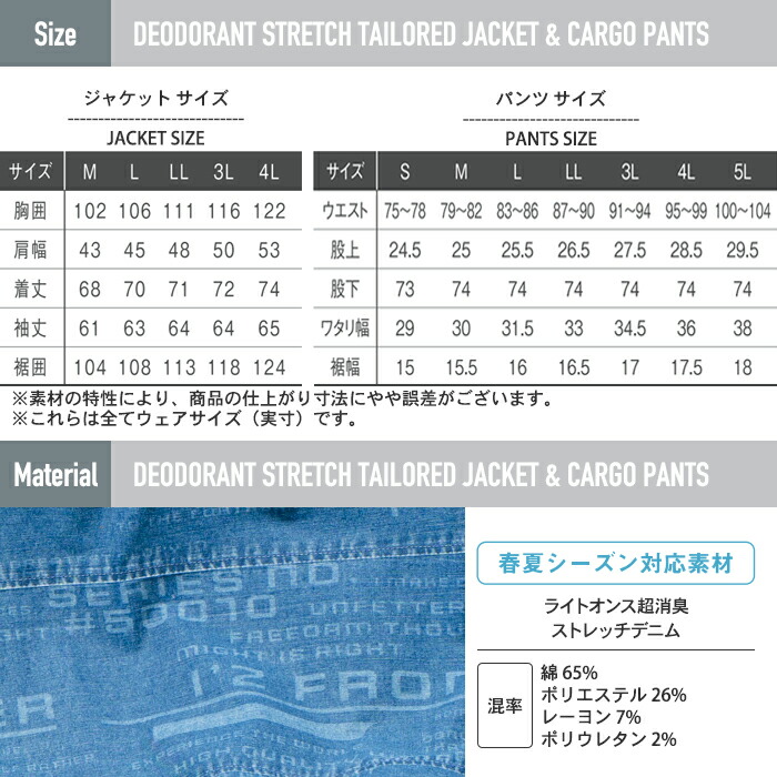 国内正規総代理店アイテム 送料無料 作業服 春夏用 アイズフロンティア 上下セット 50010P 超消臭ストレッチデニムテーラードジャケットM〜4L  と 50012P 超消臭ストレッチデニムワークパンツ S〜5L 作業着 作業ズボン fucoa.cl