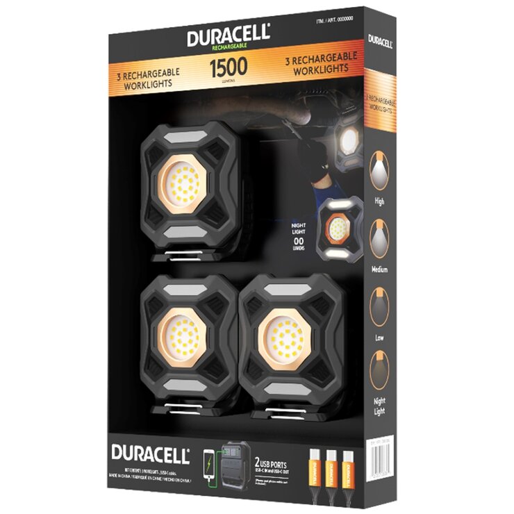 デュラセル 1500ルーメン 充電式ワークライト 3個セット DURACELL 1500LM Rechargeable Worklights 3PK