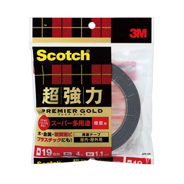 (まとめ）3M スコッチ 超強力両面テーププレミアゴールド （スーパー多用途） 粗面用 19mm×4m SPR-19R 1巻【×10セット】