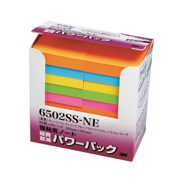 まとめ 3M ポストイット パワーパック 強粘着ノート 50×50mm ネオンカラー5色 6502SS-NE 1パック 20冊 人気No.1