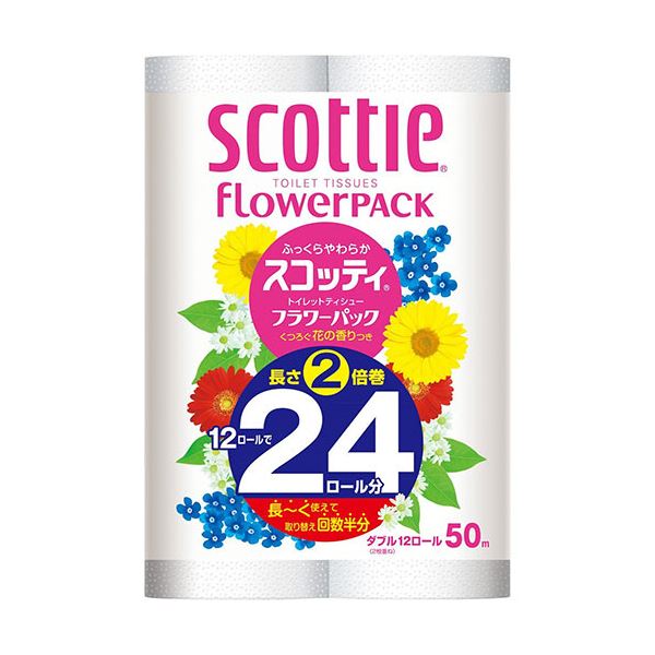 (まとめ) 日本製紙クレシア スコッティ 2倍巻き ダブル 芯あり 50m 1仕掛ける(48一巻き：12一巻き×4風呂敷き包み)  【×5仕掛ける】