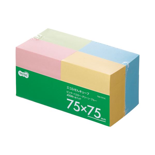 (まとめ) TANOSEE エコふせん キューブ 75&times;75mm 4色 1パック（4冊） 【&times;10セット】｜ワールドデポ