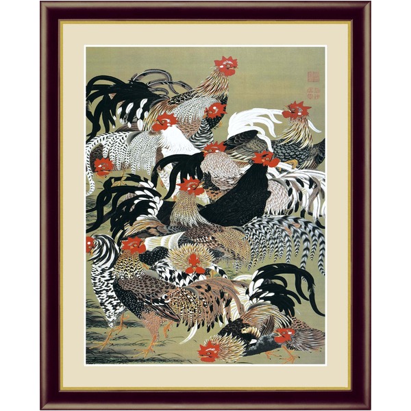 伊藤若冲 額装品 茶 〔 F4号 群鶏図 〕 若冲 鳳凰 旭日 動植綵絵額 群鶏 白鳳 鶏