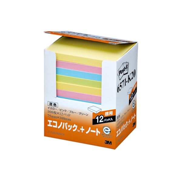 (まとめ) 3M ポストイット エコノパック ノート 再生紙 75×100mm 混色 6571-K20 1パック（12冊） 【×5セット】