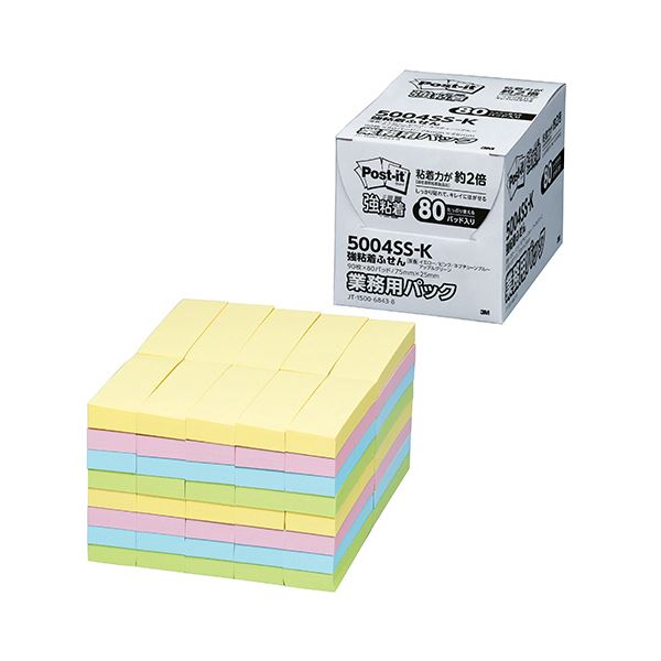 3M ポスト・イット 強粘着ふせん業務用パック 75×25mm パステルカラー 4色 5004SS-K 1パック(80冊)