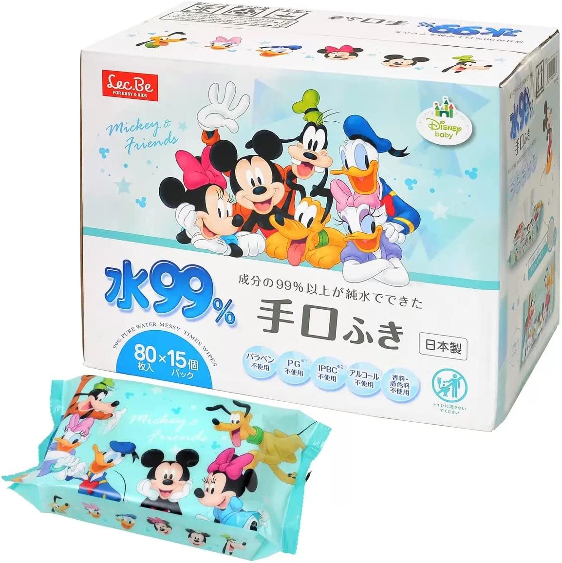 市場 15個入 99％ 80枚入り×15個 HAND MOUTH Babywipe 出産祝い 口ふき 水99％ 衛生用品 WIPES レックディズニー  赤ちゃん WTR 手