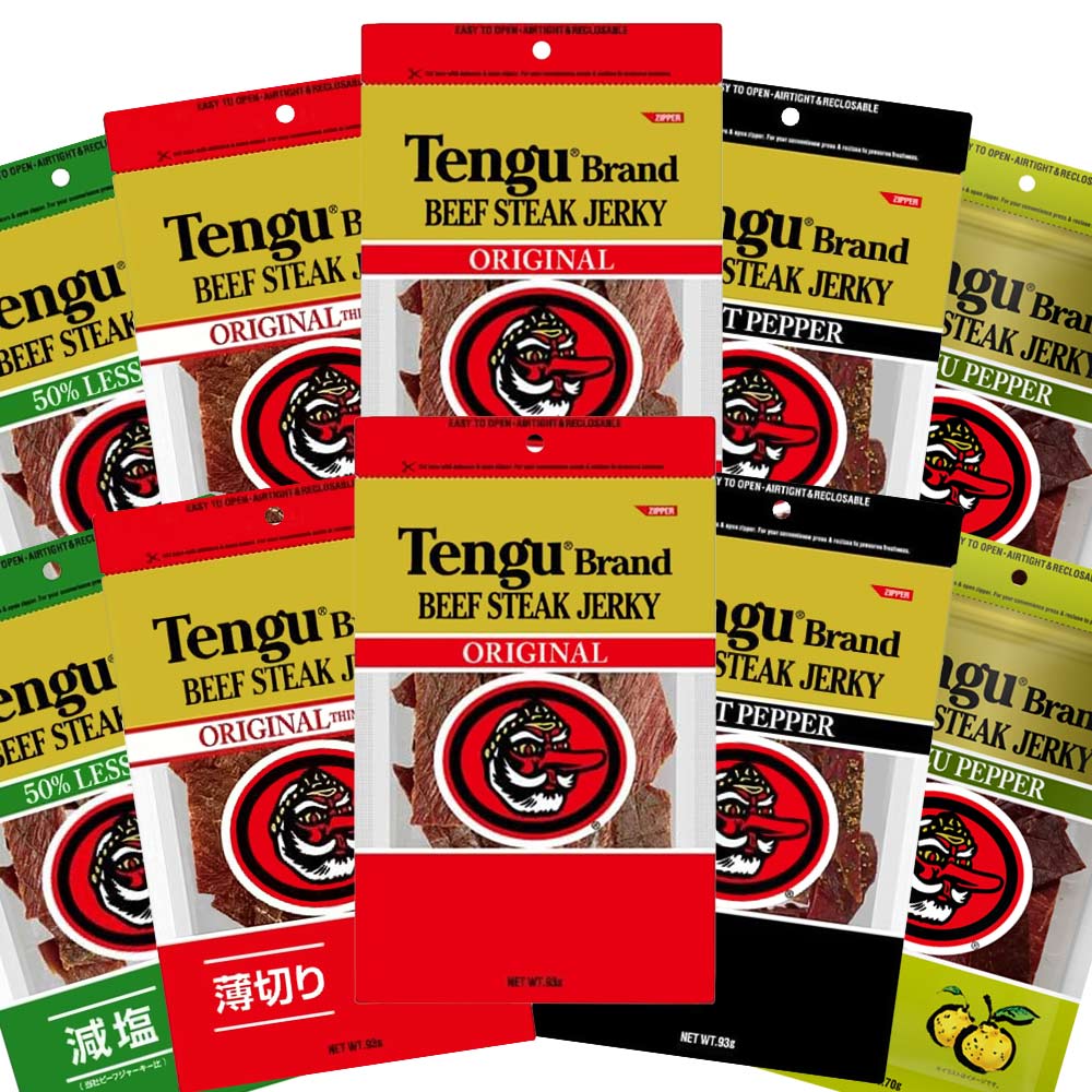 テングビーフジャーキー １０袋 バラエティセット ５種類いろいろ 送料無料 オリジナル、減塩、薄切り、ＨＯＴ 各９３ｇ柚子胡椒のみ７０ｇ おつまみ 宴会 天狗 肉乾｜ワールドグルメショップ