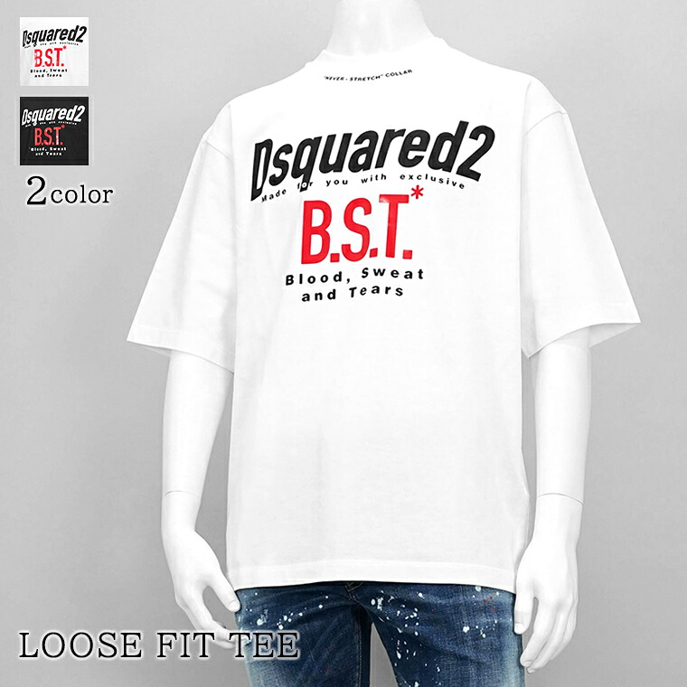 ディースクエアード DSQUARED2 メンズ Tシャツ LOOSE FIT TEE S74GD1410 D20033 ホワイト 100 ブラック 900 ルーズ フィット ティー 半袖 クルーネック ロゴ プリント BLOOD, SWEAT AND TEARS 【プレミアムSTOCK-25SS】