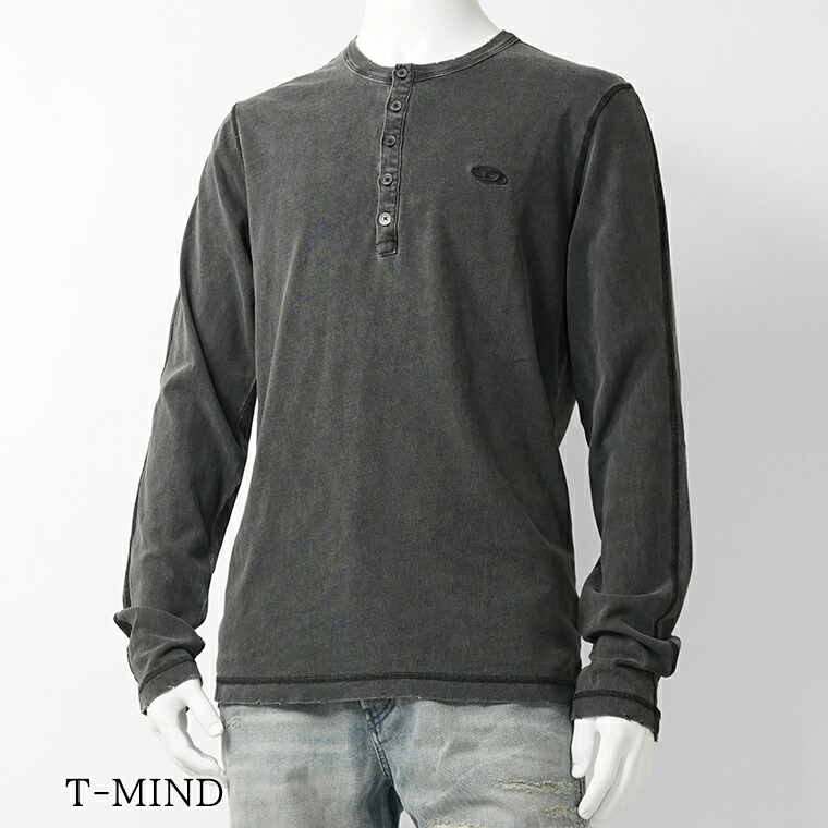 ディーゼル DIESEL メンズ 長袖プルオーバー T MIND A20269 0QMBS ウォッシュブラック 02A ロンT カットソー ヘンリーのど首 長袖 ワンポイント オーバルDロゴタイプ 刺しゅう 縫い ラグラン捩り ウォッシュ 不都合産業 【2026春夏新作】