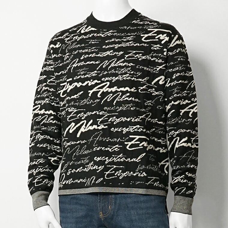 エンポリオアルマーニ EMPORIO ARMANI メンズ 編み物 EM002630 AF14199 BLACK CURSIVE 黒いこと FC103 労働者の一団のど頚 長袖 総柄 シグネチャーロゴ オール厚地の外套ロゴタイプ 手入らず毛糸 【割り増し金STOCK-25AW】