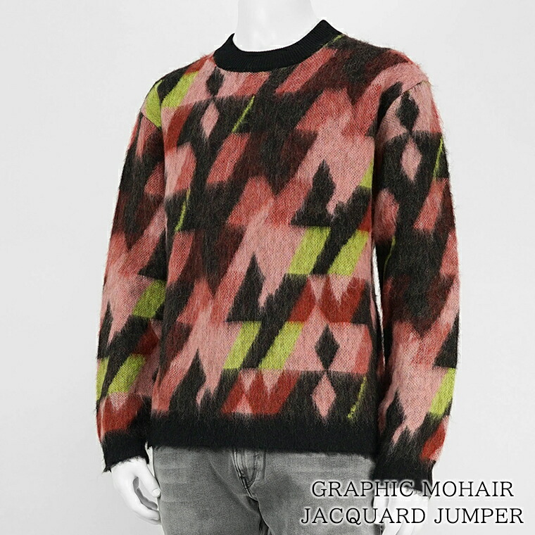 メゾンキツネ MAISON KITSUNE メンズ ニット GRAPHIC MOHAIR JACQUARD JUMPER NM00801 KM0323 PECAN PASTURE ROSE パステルローズ B259 グラフィック モヘア ジャカード ジャンパー クルーネック 長袖 総柄 【プレミアムSTOCK-24AW】