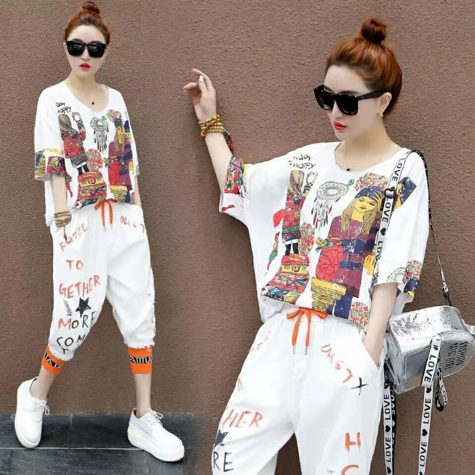 Tシャツ パンツ 2点セット セットアップ 上下セット レディース ゆったり レディースセットアップ 英文字 半袖 カジュアル ルームウェア 室内着 部屋着 夏服 夏コーデ 七分丈 七分袖 7分丈 7分袖 薄手 可愛い おしゃれ ホワイト ブラック レッド ブルー M L XL 2XL SLSA033