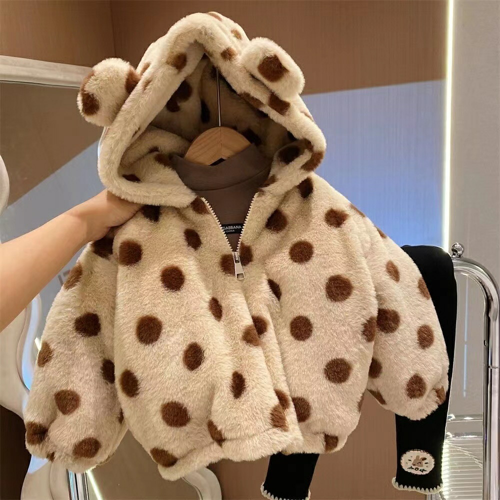 キッズ 子供服 ベビー服 ボアコート ショットコート 男女兼用 秋冬 ゆったり 可愛い ジュニア 長袖 厚手裏起毛 フード付き ドット柄 KCFA043