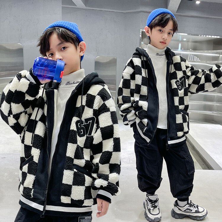 キッズ 子供服 ボアコート チェックコート 厚手裏起毛 アウター カジュアル 男女兼用 秋冬 ゆったり 可愛い ジュニア 長袖 フード付き KCFA065