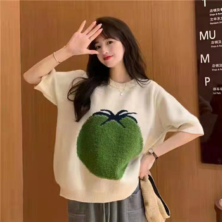 市場 レディース サマーニット 薄手 半袖ニット 可愛い ニット 夏ニット トップス ラウンドネック ゆったり 刺繍 半袖