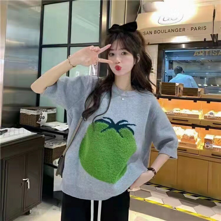 市場 レディース サマーニット 薄手 半袖ニット 可愛い ニット 夏ニット トップス ラウンドネック ゆったり 刺繍 半袖