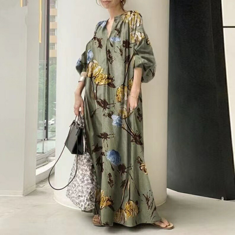 マキシ丈ワンピース ロングワンピース レデイーズ 花柄 きれいめ 七分袖 綿麻風 リネン マキシ丈 シャツワンピース 春 夏 体型カバー 着痩せ 大人可愛い ゆったり カジュアル 通勤 日常着 着回し 着痩せ 大きいサイズ お洒落 LWFA059(2色S-5XL) 4,283円
