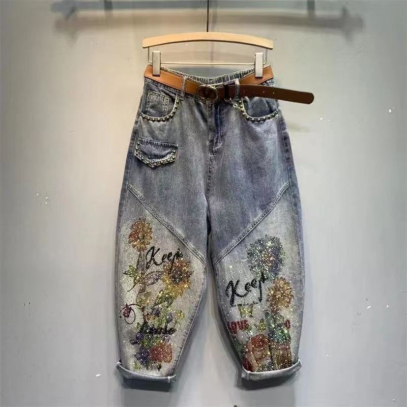 サルエルパンツ デニム ジーンズ レディース ジーパン ハイウエスト レディースサルエル ハイウエストパンツ デニムサルエル 花柄 レディースサルエルパンツ ワイドパンツ 春 バルーンパンツ デニムパンツ カーブパンツ 体型カバー ボトムス ゴムウエスト SLTD015(M-2XL)
