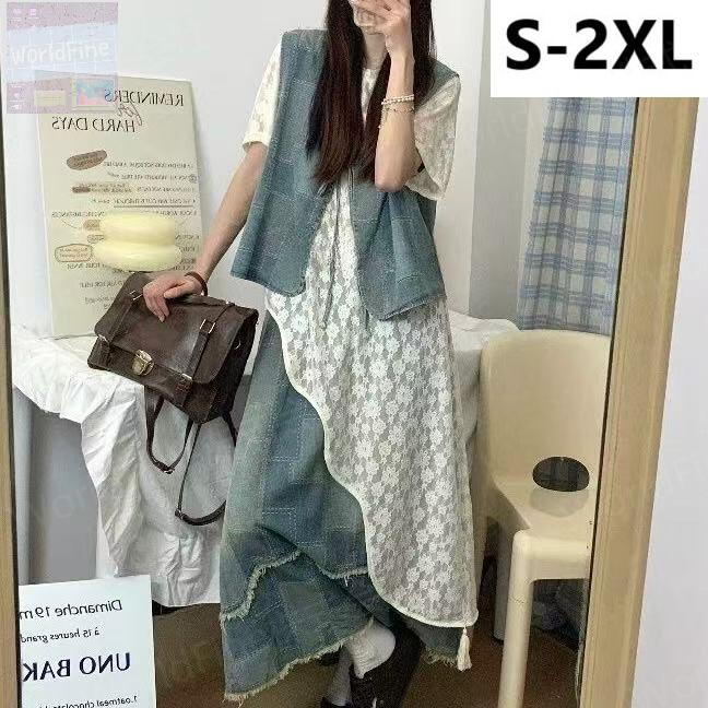 セットアップ レディース 3点セット デニムベスト レースワンピース デニムスカート 半袖 マキシ丈 体型カバー 痩せ?え カジュアル モード系 大人可愛い おしゃれ 20代 30代 40代 50代 春 夏 秋 お出かけ SLSE003(S-2XL)