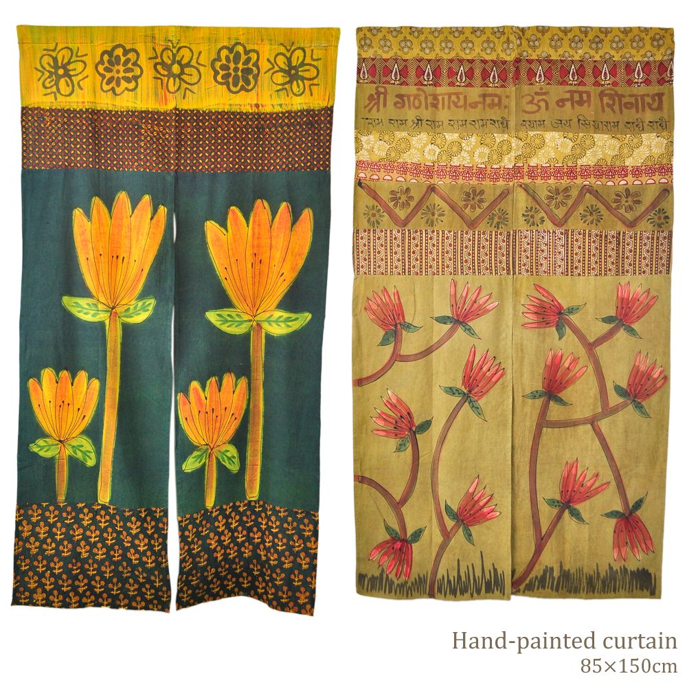 エスニック柄 グリーン 手描き 植物模様 花 バティック エスニック 暖簾 神話 アジアン雑貨 2色 85 150cm 黄緑 インド綿100 和室 のれん プリントのれん レトロ 手書き ロング