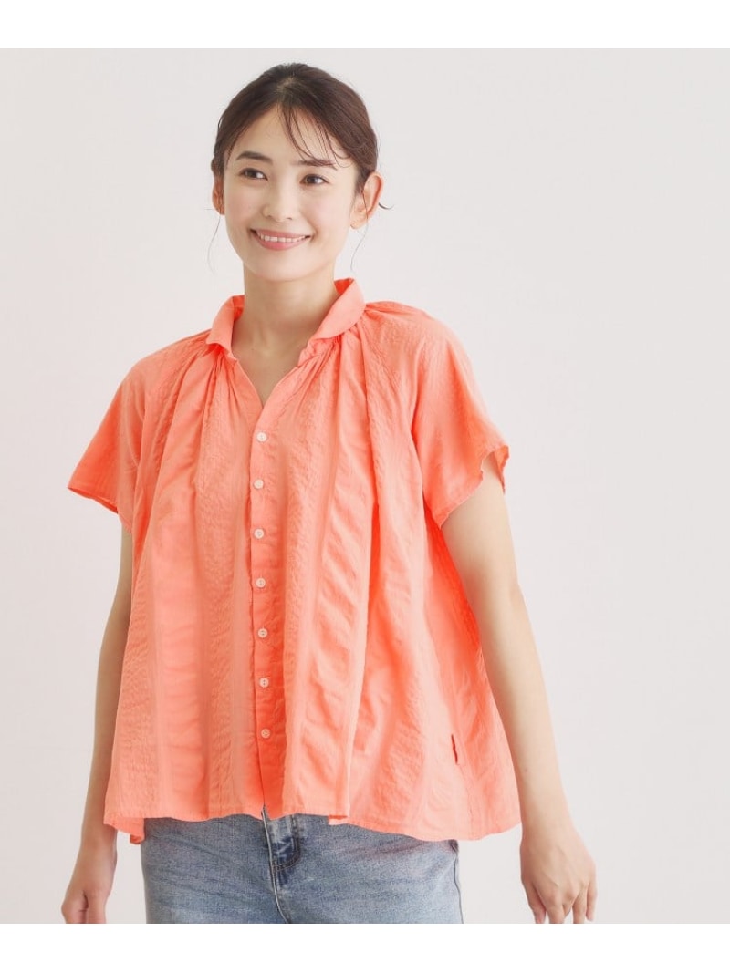【SALE／28%OFF】【日本製/ワンマイルウエア】コットンワイドストライプ ギャザーブラウス LAURA ASHLEY HOME ローラ アシュレイ トップス シャツ・ブラウス オレンジ ベージュ【RBA_E】【送料無料】[ Fashion]｜WORLD ONLINE STORE店