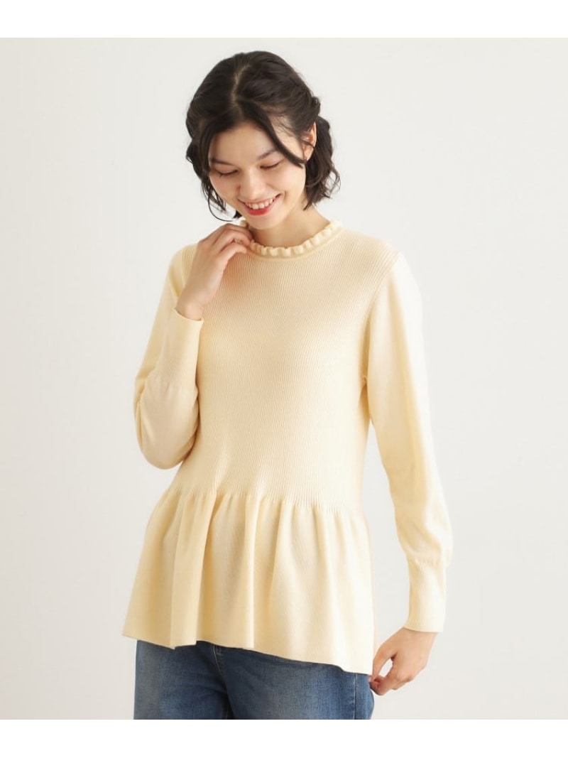 【SALE／40%OFF】【洗える/羊毛混/サスティナブル原材料】フリルネックペプラム ティーシャツ編み物 LAURA ASHLEY ローラ アシュレイ トップス 編み物 米国海軍 青み 白いこと【RBA_E】【貨物輸送無料】[ Fashion]