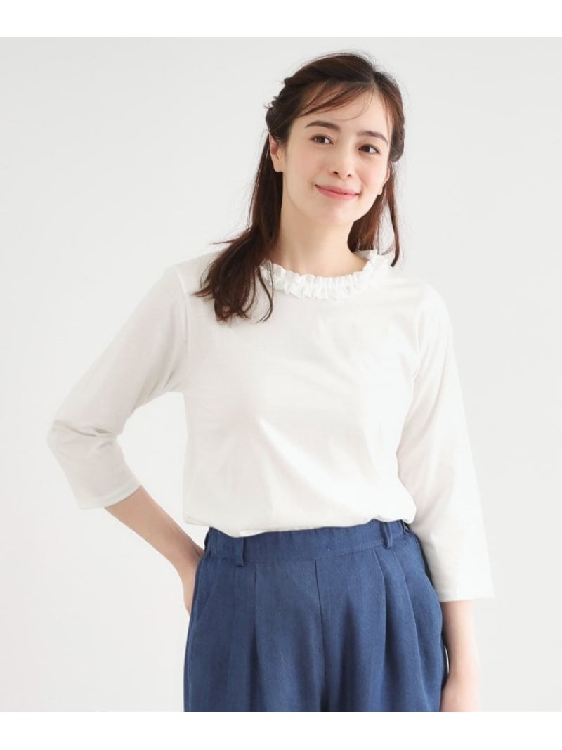 【SALE／20%OFF】【人気デザイン!7分袖/日本製/コットン100%】シフォンフリルネック カットソー LAURA ASHLEY ローラ アシュレイ トップス カットソー・Tシャツ ワインレッド ネイビー ホワイト【RBA_E】【送料無料】[ Fashion]