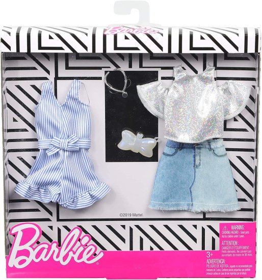 Barbie バービーの服：2服の人形には、弓形の財布とネックレスが付いたキラキラ光るシャツ、スカート、ロンパー、3-8歳の贈り物が含まれています