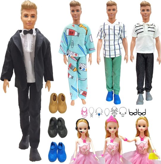 Barbie バービーケン人形の人形服とアクセサリー、4つの衣装 + 3ペアの靴 + 56 PCSドールアクセサリー、ボーイズガールズギフト