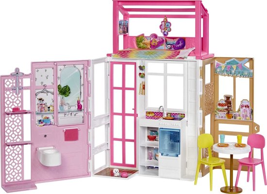 Barbie 2つのレベルと4つのプレイエリアを備えたバービードールハウス、ペットの子犬とアクセサリーを備えた完全な家具付きバービーハウス、3歳以上の子供向け