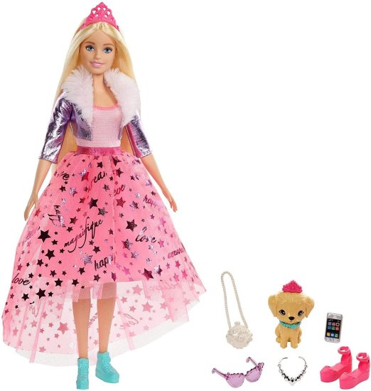 Barbie プリンセスファッションのバービープリンセスアドベンチャードール（12インチブロンド）ペットの子犬とバービー人形、2ペアの靴、ティアラ、4つのアク