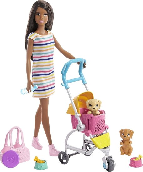 Barbie バービー散歩 'nブルネット人形(11.5インチ)、子犬2匹、ペットベビーカーとアクセサリー、3-7歳の贈り物、ピンクと一緒にプレイセットをプレイする|ワールドセレクトショップ