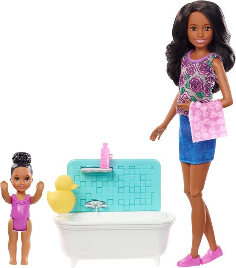 Barbie バービー Skipper Babysitters Inc.バスタブ、ベビーシッタースキッパー人形、腕とスプラッシュを動かすボタン付きの小さな幼児人形、テーマのアクセサ