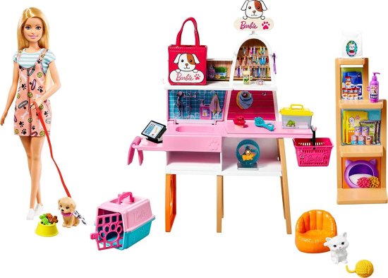 Barbie バービー人形（11.5インブロンド）とペットブティックは、4枚のペット、カラーチェンジのグルーミング機能、アクセサリー、3-7歳の贈り物を備えたプレ｜ワールドセレクトショップ