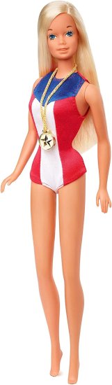 Barbie バービー1975金メダル人形の再現、オリンピックをテーマにしたワンピースと金メダルアクセサリーを着用。人形スタンドと信itiveの証明書、コレクターへ