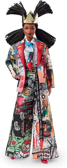 Barbie バービーコレクターのジャンミシェルバスキアXドールブレードとジャケット冠、作物風の背広と佩び物を身に着けています。