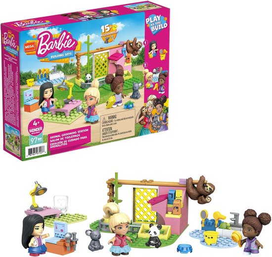 Barbie メガバービー動物グルーミングステーションビルディングセット、ファッションとロールプレイアクセサリーを備えた97個のレンガとピース、3個のマイクロ