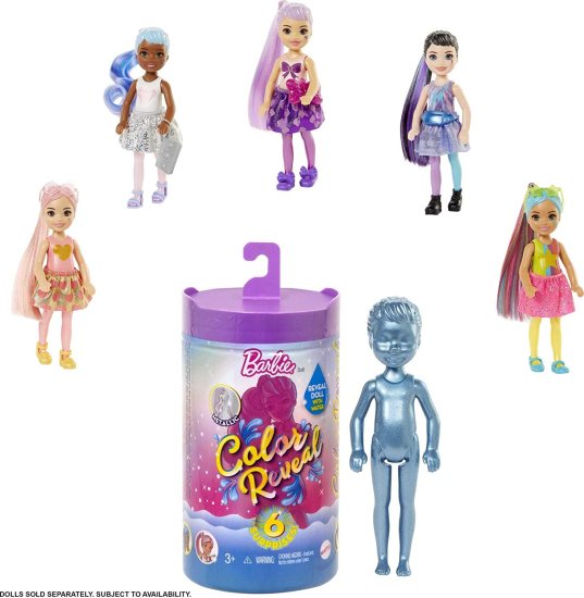 Barbie バービーの色はチェルシー人形を明らかにし、6つの驚き：4つのミステリーバッグ、水が胴着の人形の外観と色の変化を明らかにします。キラキラシリーズ;